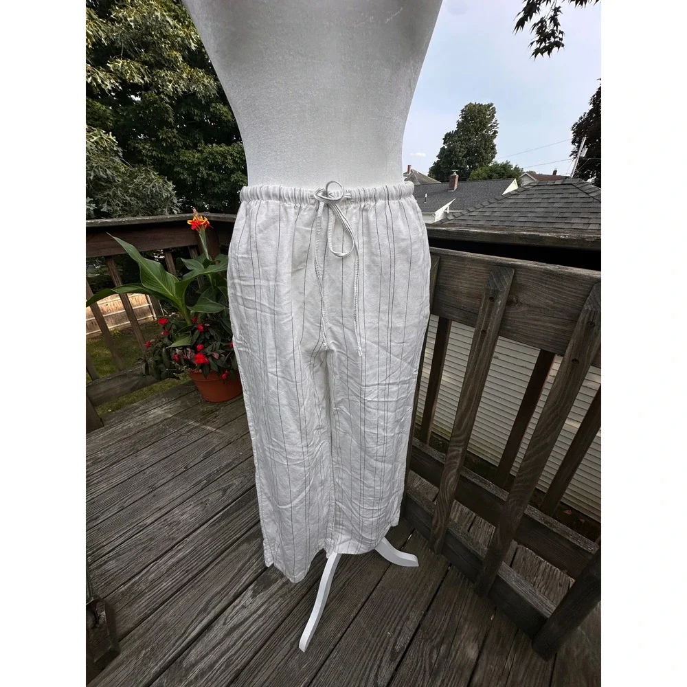 H&M Women White Striped Linen Blend Wide Leg Drawstring Pants Size S